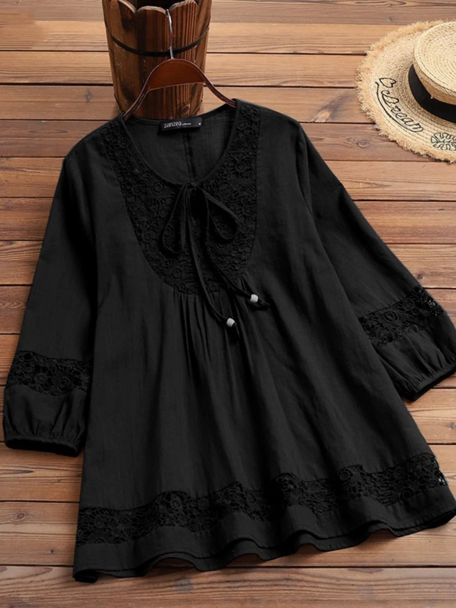 Tie-up Cotton And Linen Patchwork Lace Three-quarter Sleeve T-shirt - Image 6