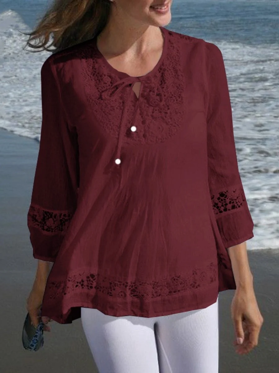 Tie-up Cotton And Linen Patchwork Lace Three-quarter Sleeve T-shirt - Image 7