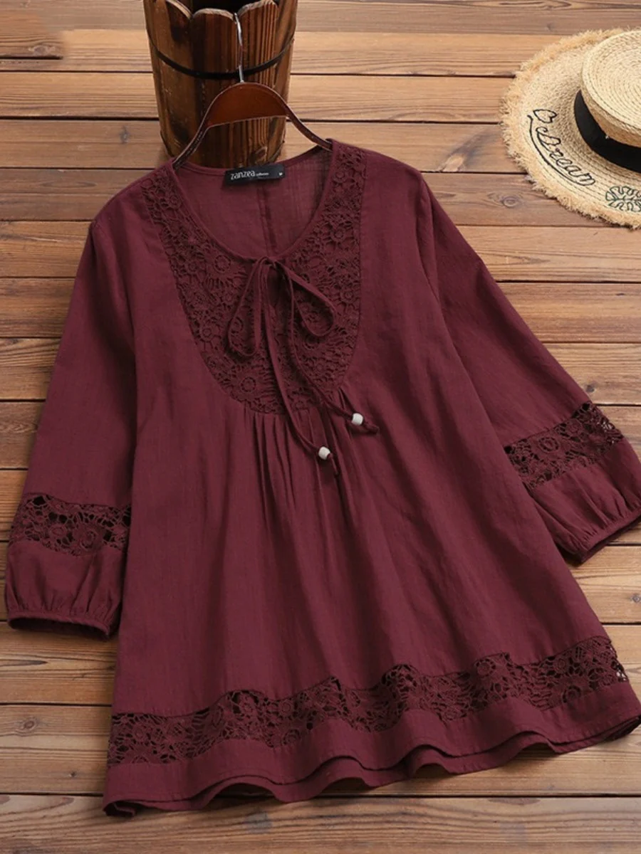 Tie-up Cotton And Linen Patchwork Lace Three-quarter Sleeve T-shirt - Image 8