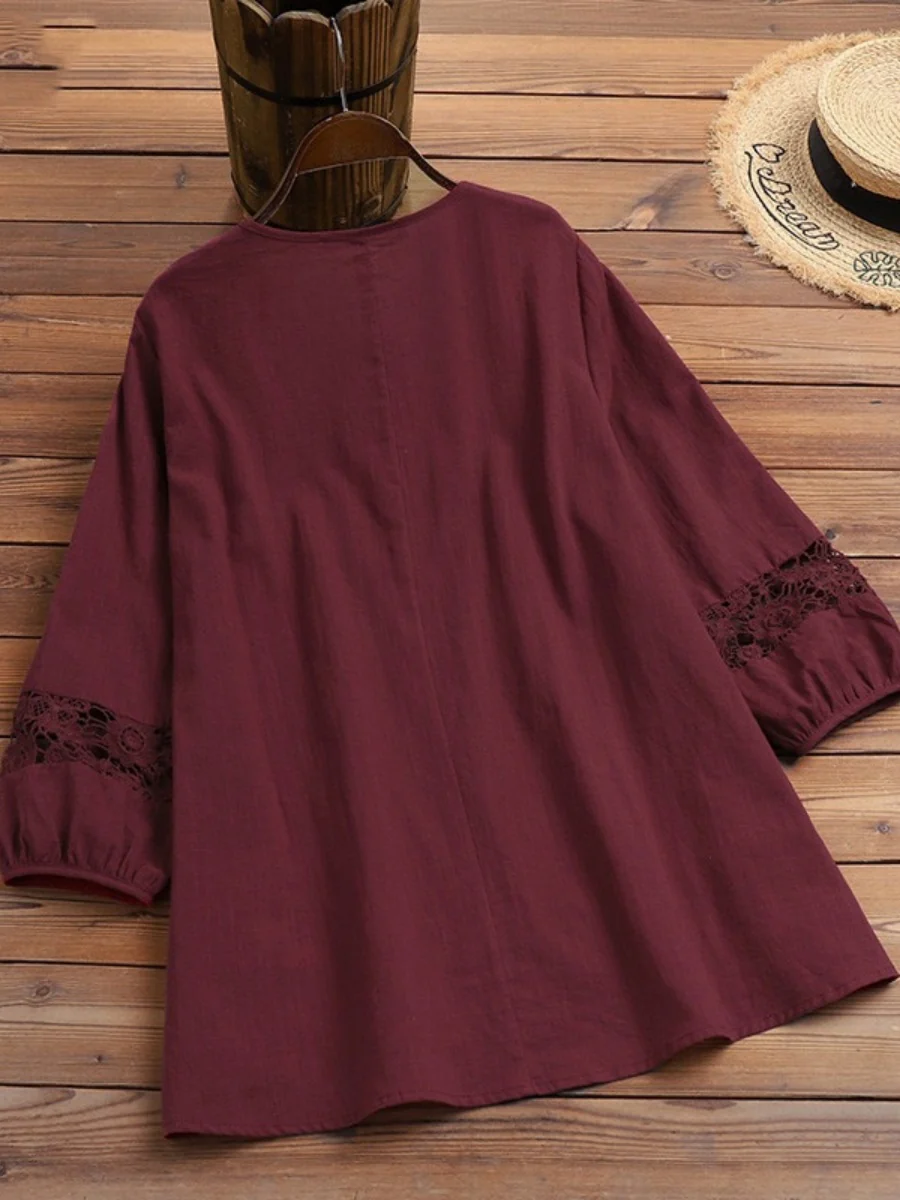 Tie-up Cotton And Linen Patchwork Lace Three-quarter Sleeve T-shirt - Image 9