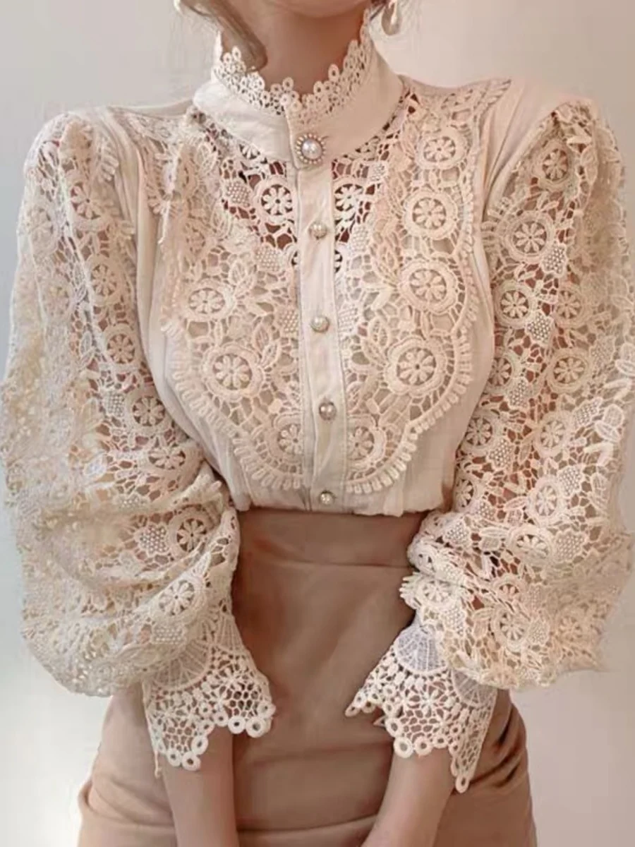 Button-up Lace Openwork Floral Patchwork Shirt