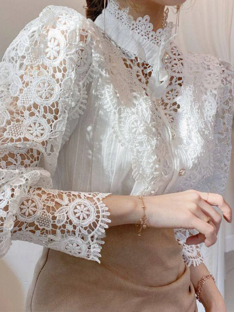 Button-up Lace Openwork Floral Patchwork Shirt - Image 10