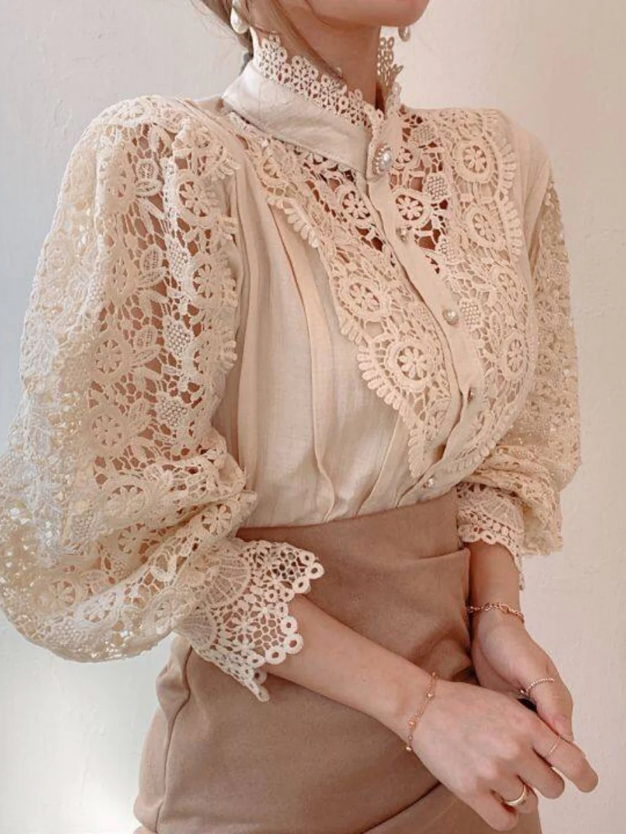 Button-up Lace Openwork Floral Patchwork Shirt - Image 6