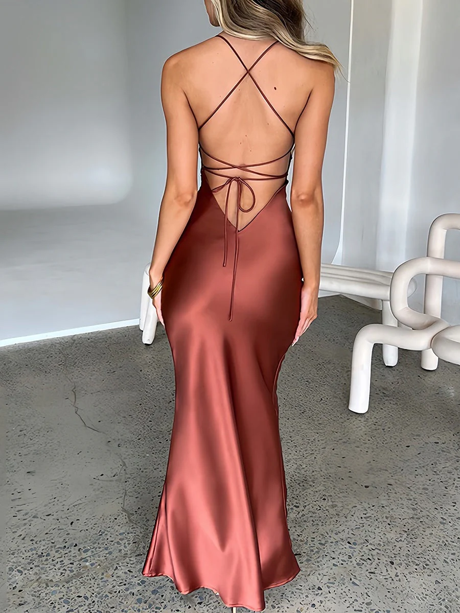Back-Less Tie-Up Thin Strap Maxi Dress - Image 3