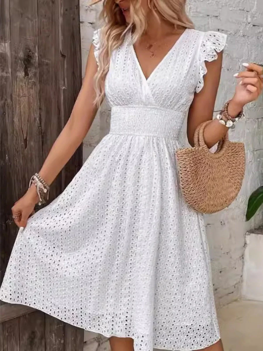 7 Colors Lace Flutter Sleeve V-neck Midi Dress - Image 10