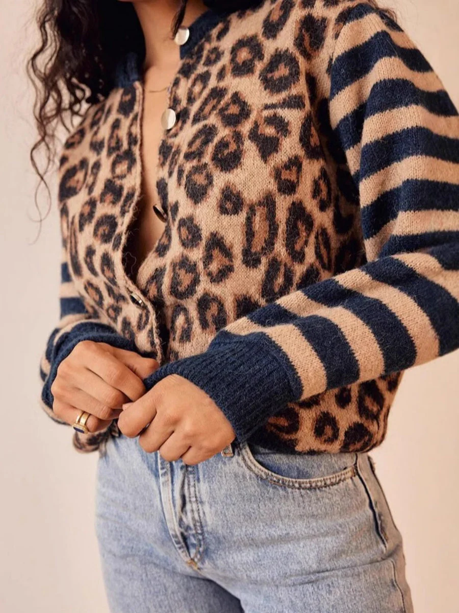 Leopard Stripes Splicing Cardigans - Image 7