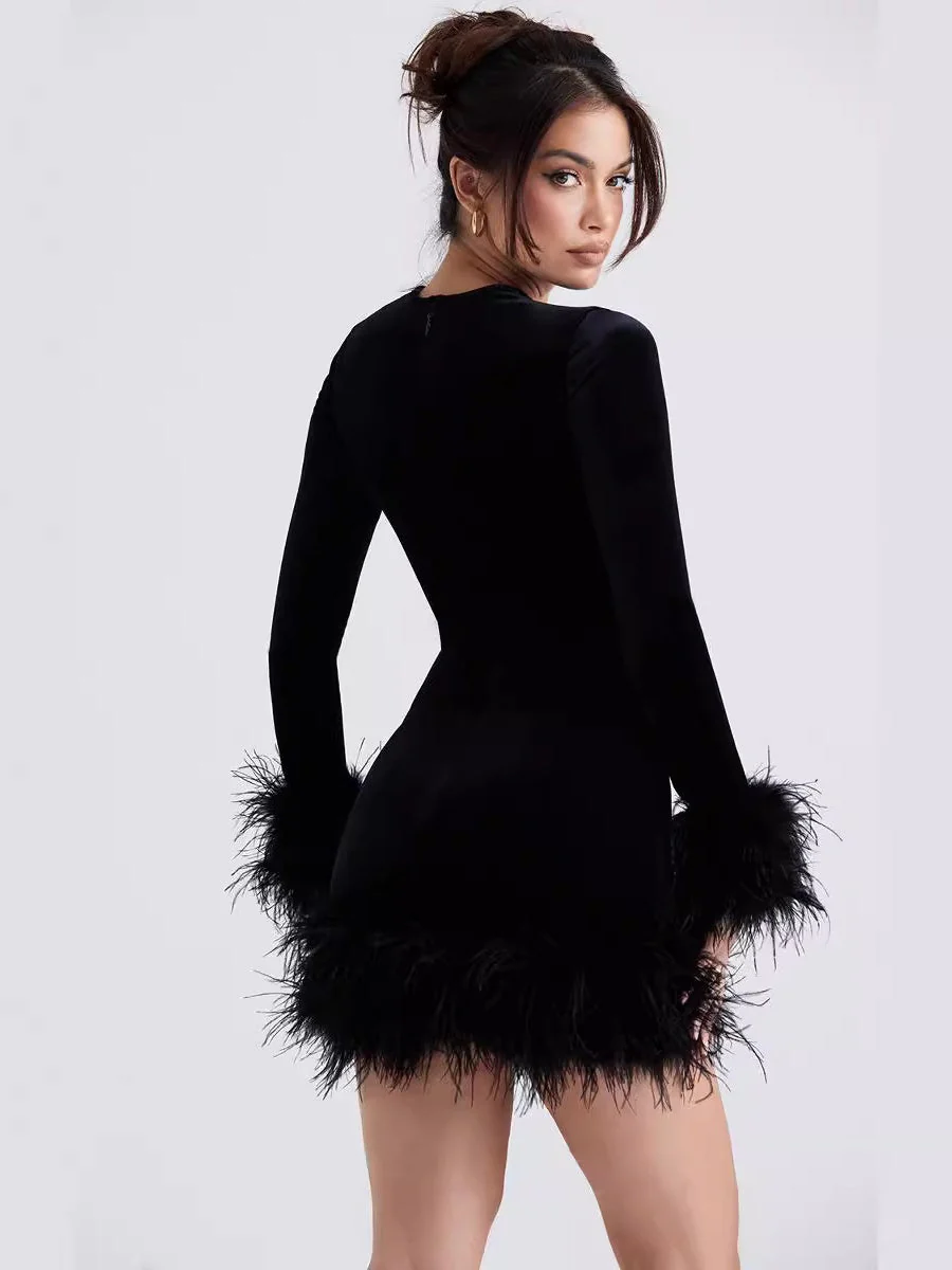 Black Furry Cuffs And Hem Velvet Mini&Short Dresses - Image 3