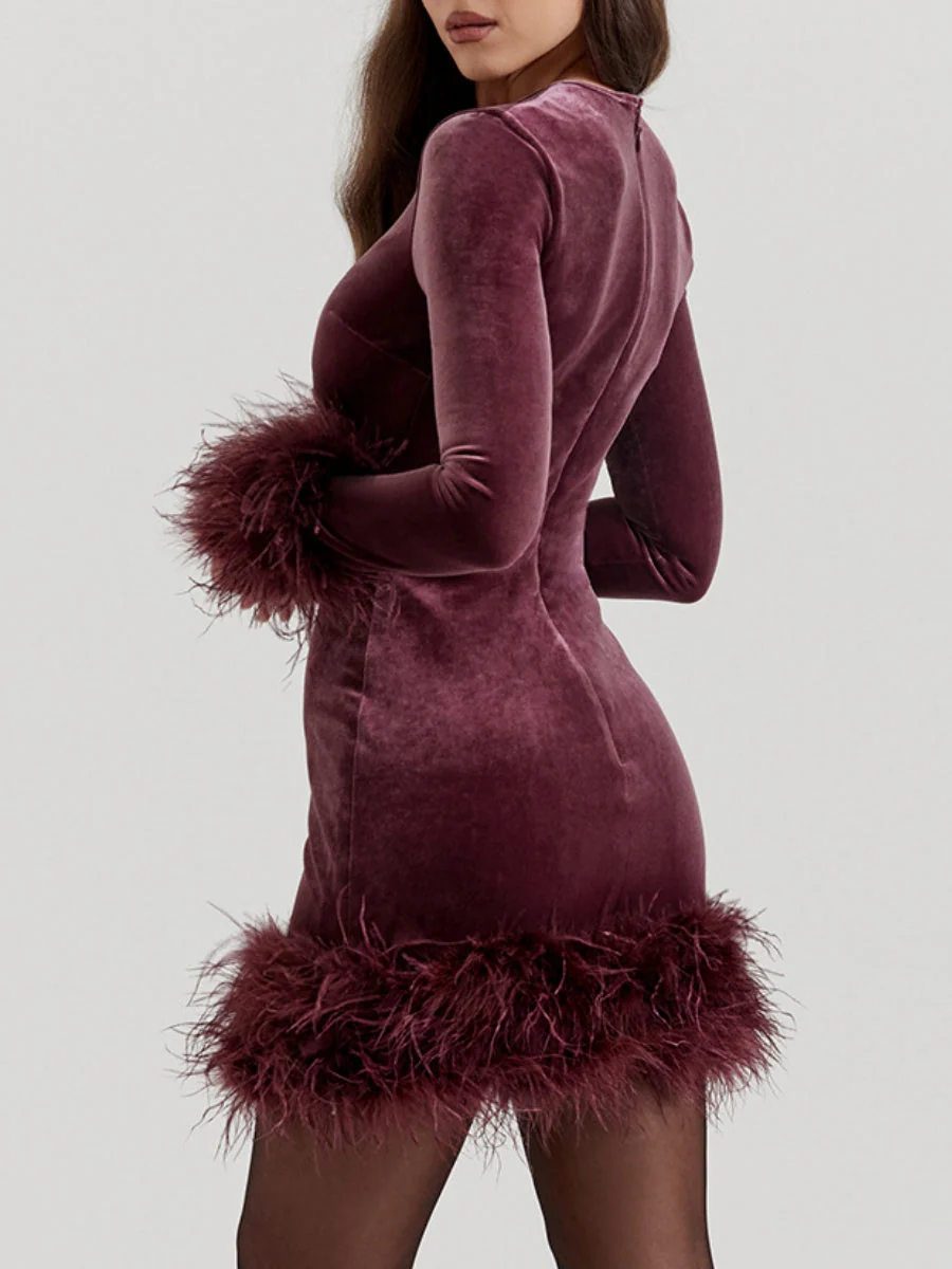 Black Furry Cuffs And Hem Velvet Mini&Short Dresses - Image 6