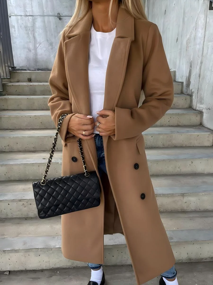 Simple Long-sleeved Lapel Button-down Woolen Coat