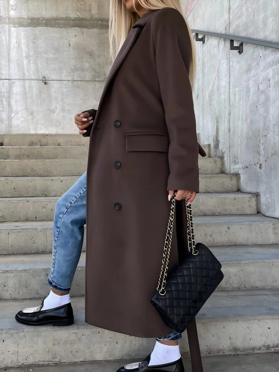 Simple Long-sleeved Lapel Button-down Woolen Coat - Image 3