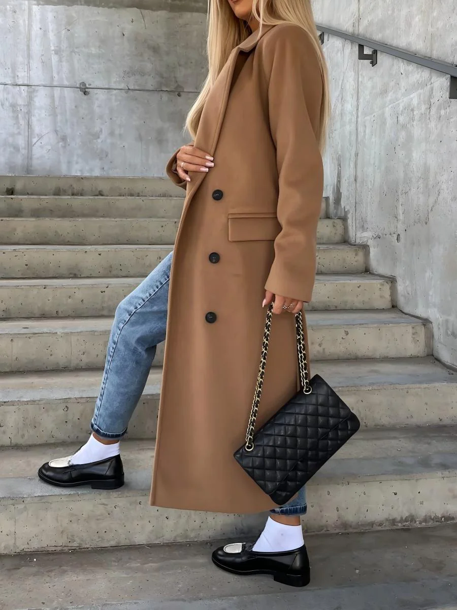 Simple Long-sleeved Lapel Button-down Woolen Coat - Image 7