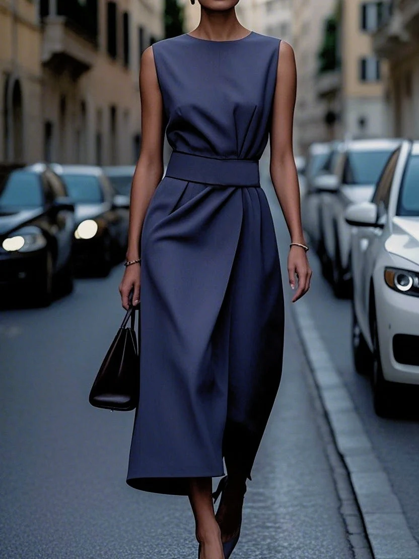 Sleeveless Round Neck Tie Midi Dresses - Image 2