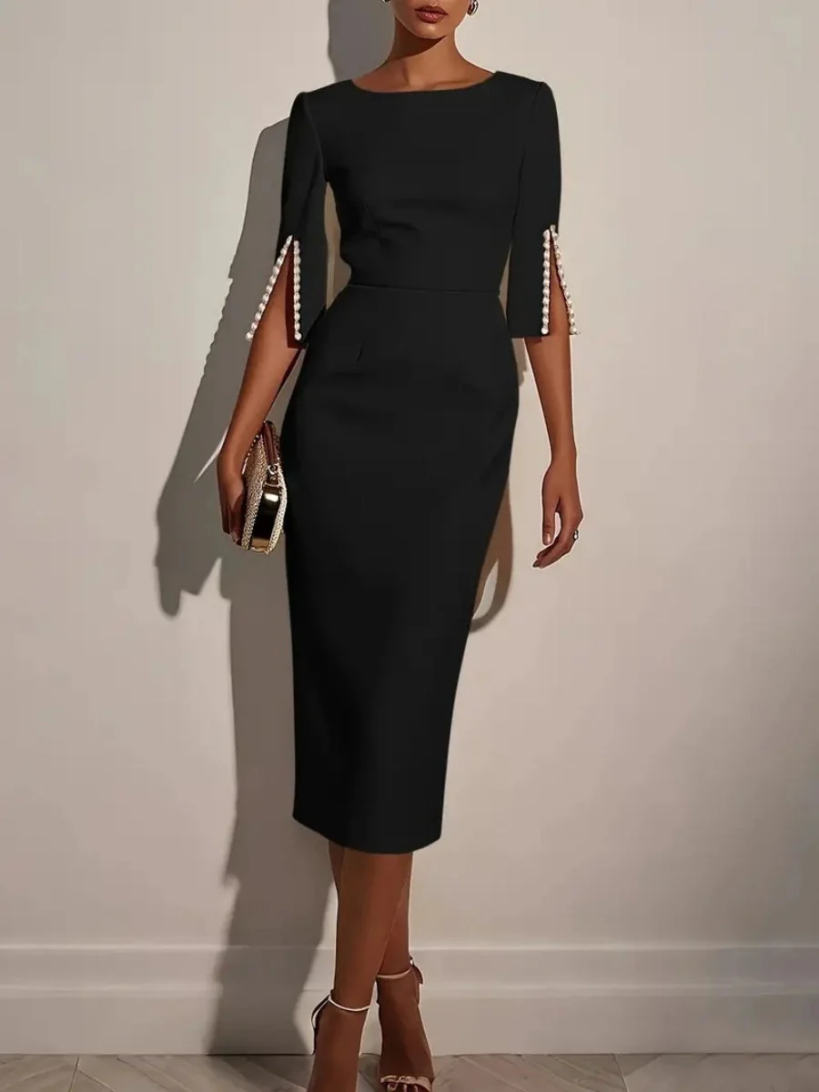 Pearl Zipper Solid Color Midi Dresses - Image 2