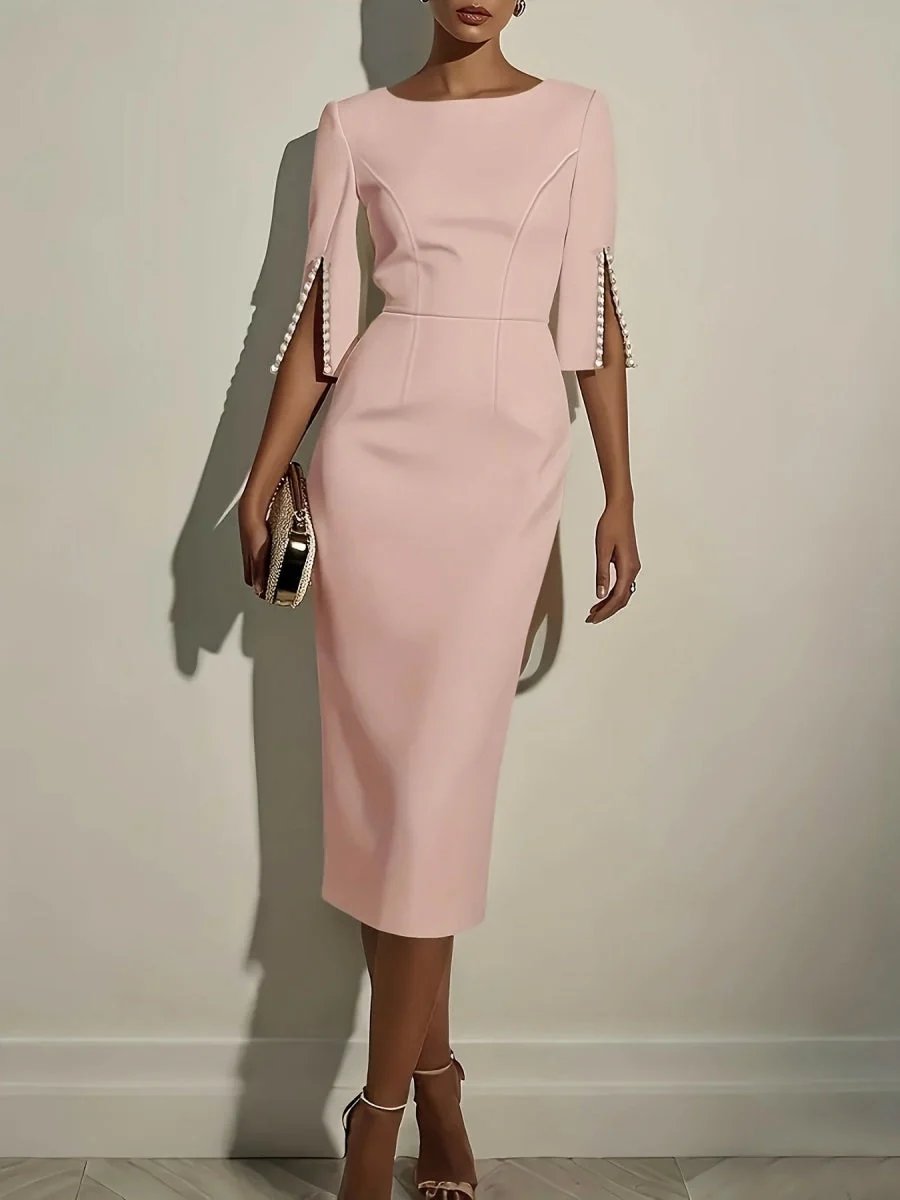 Pearl Zipper Solid Color Midi Dresses - Image 3