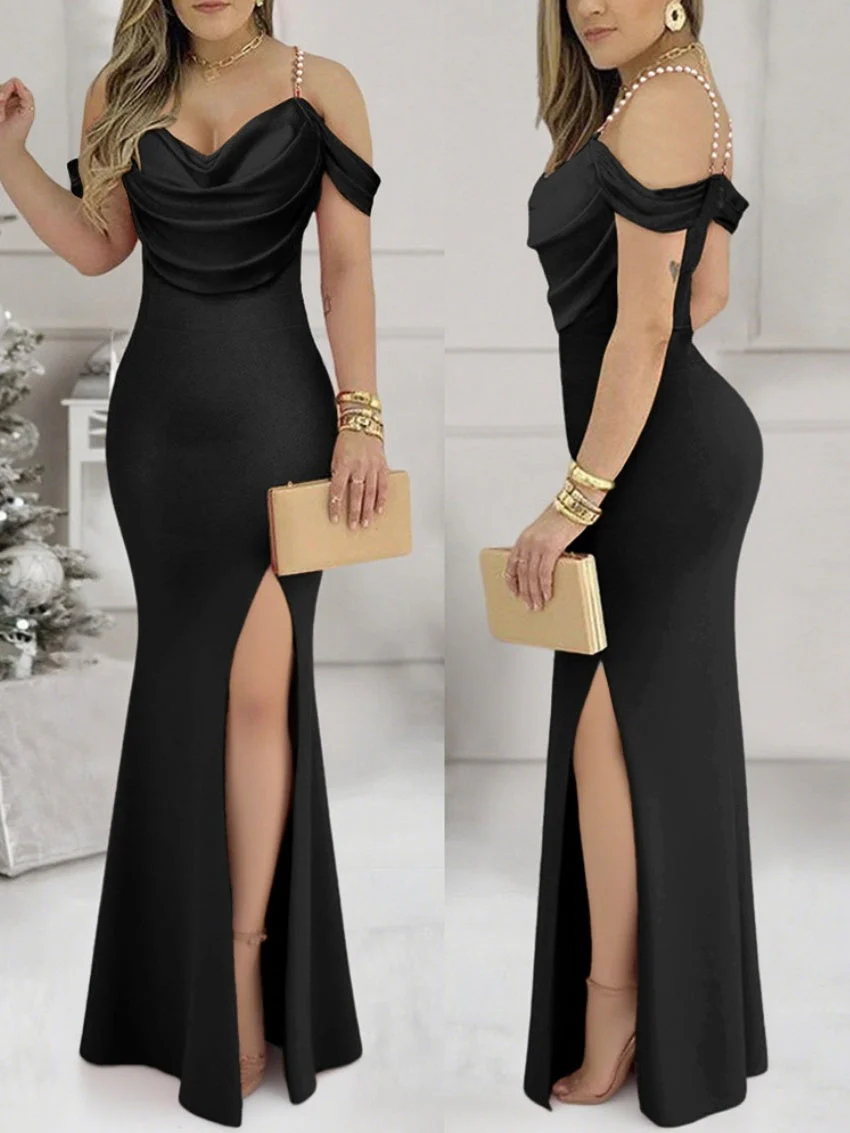 Beaded Halter Top With Slit, Sexy, Waist-cinching, Hip-hugging Design Maxi Dresses - Image 3
