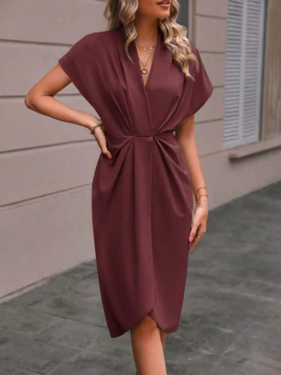 V-neck Solid Color Sleeveless Pleated Mini&Short Dresses - Image 8