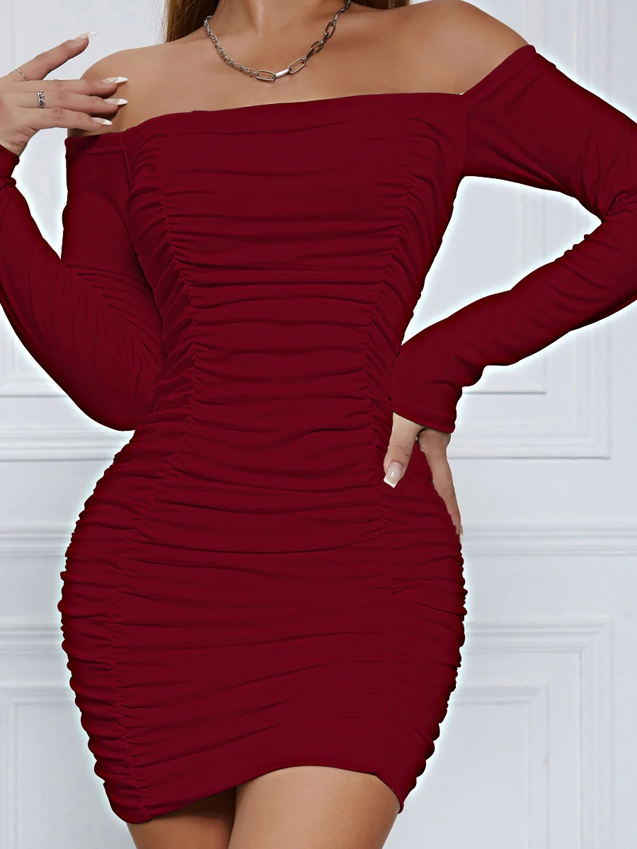 Off-the-shoulder Long-sleeved Pleated Bodycon Short Dress - Image 13