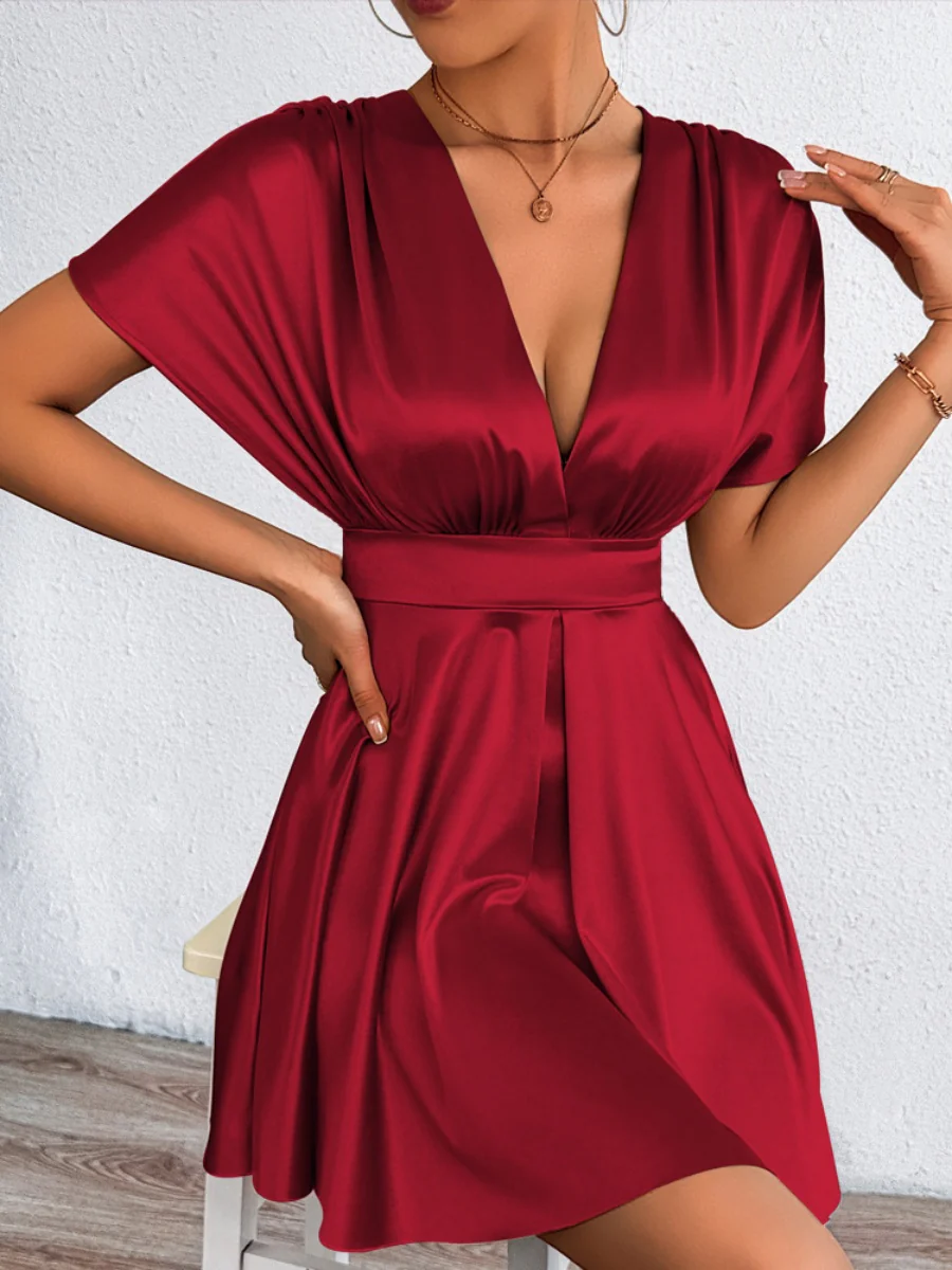 V-neck, Fitted Waist, Zippered, Glossy Short Dress - Image 21