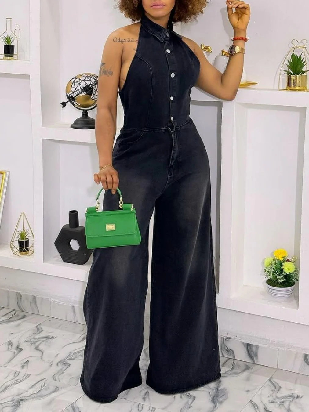Collared Halter Neck Single-breasted Backless Denim Jumpsuit - Image 4
