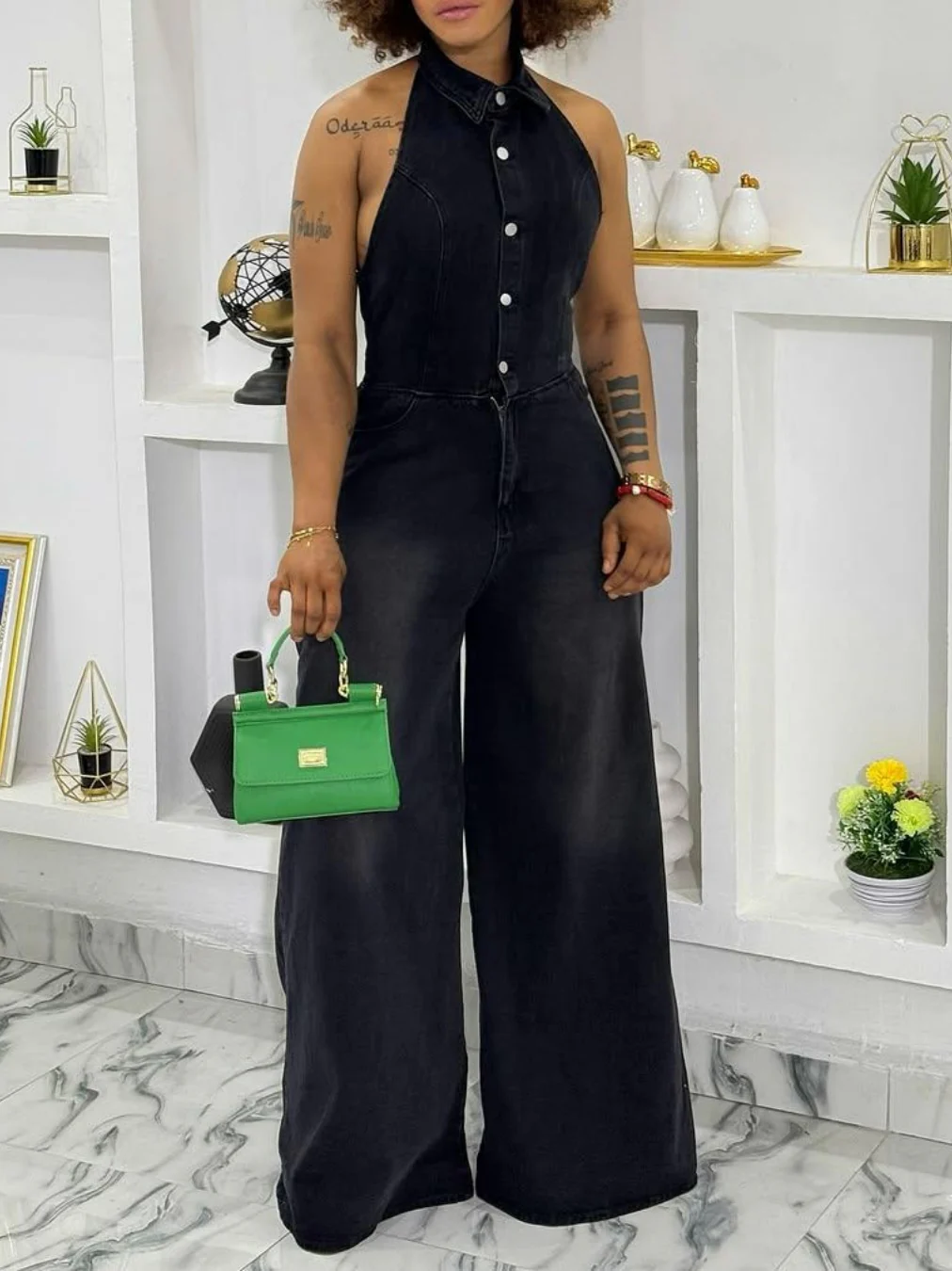 Collared Halter Neck Single-breasted Backless Denim Jumpsuit - Image 5