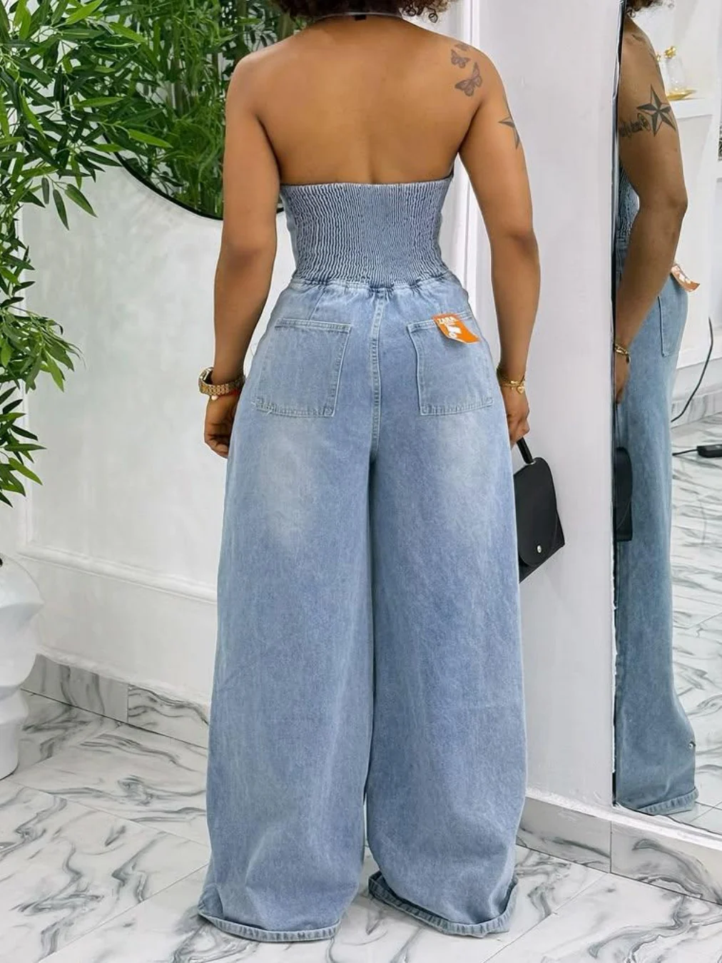 Collared Halter Neck Single-breasted Backless Denim Jumpsuit - Image 7