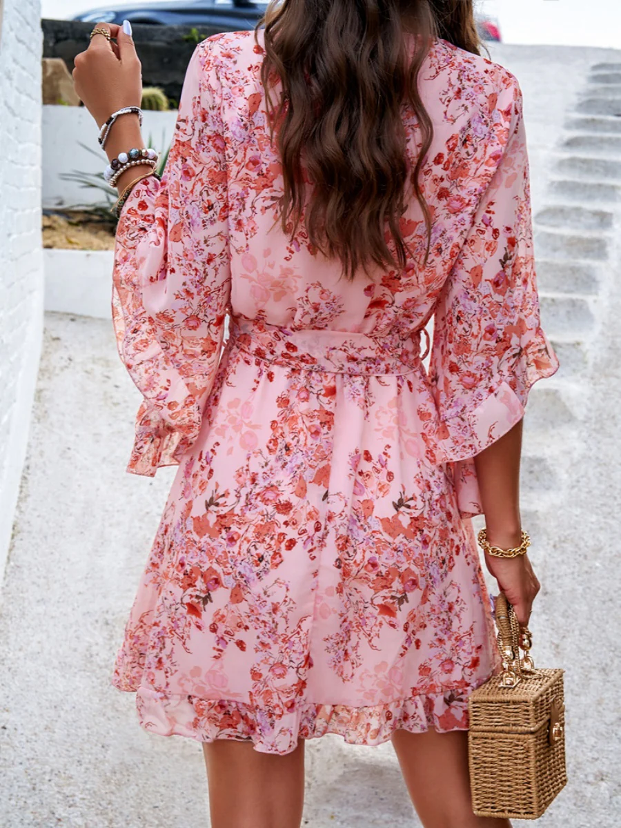 Floral Print Tie-waist Chiffon Short Dress - Image 2