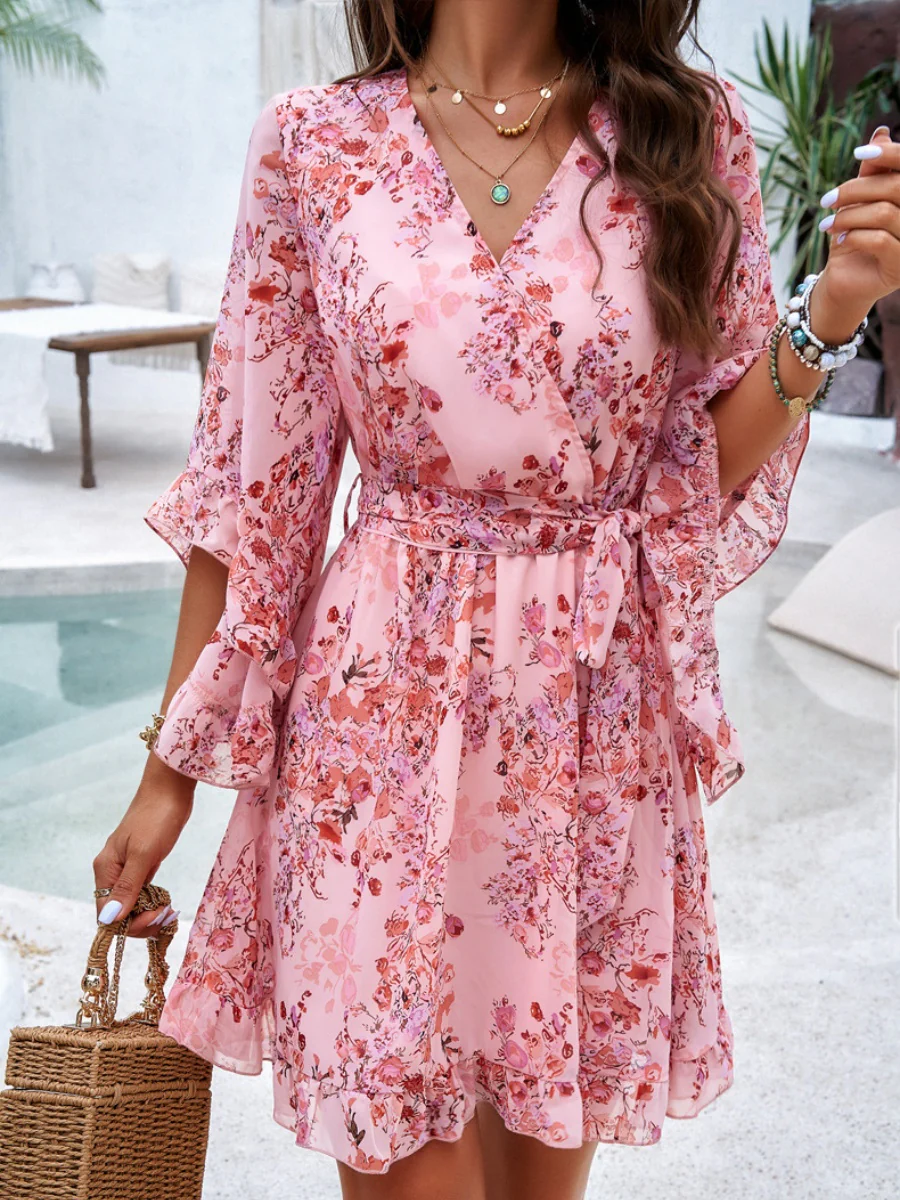Floral Print Tie-waist Chiffon Short Dress - Image 3