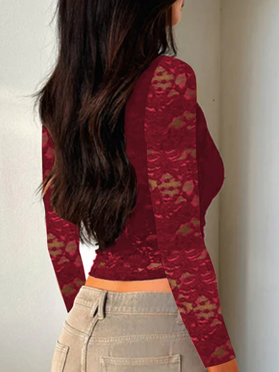 V-neck Lace-trimmed Long-sleeved T-shirt - Image 2