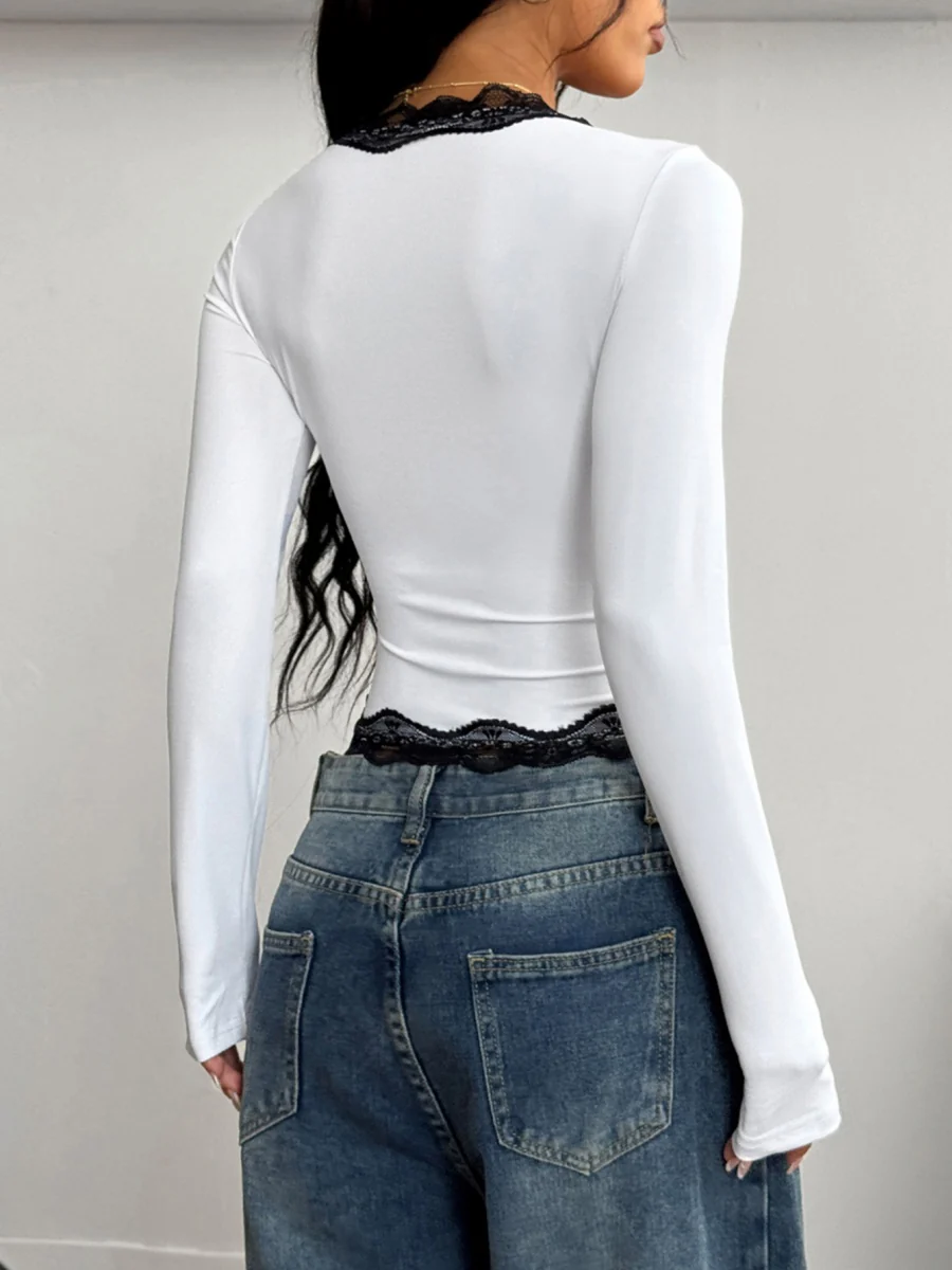 V-neck Long-sleeved T-shirt With Lace Trim And Contrasting Colors - Image 3