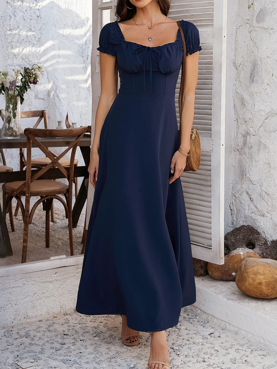 Tie-waist Ruched Puff Sleeve Long Dress - Image 16