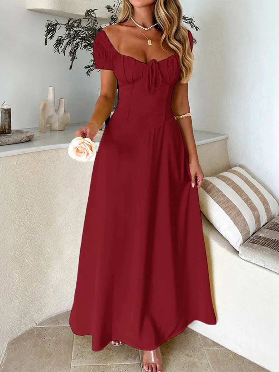 Tie-waist Ruched Puff Sleeve Long Dress - Image 22