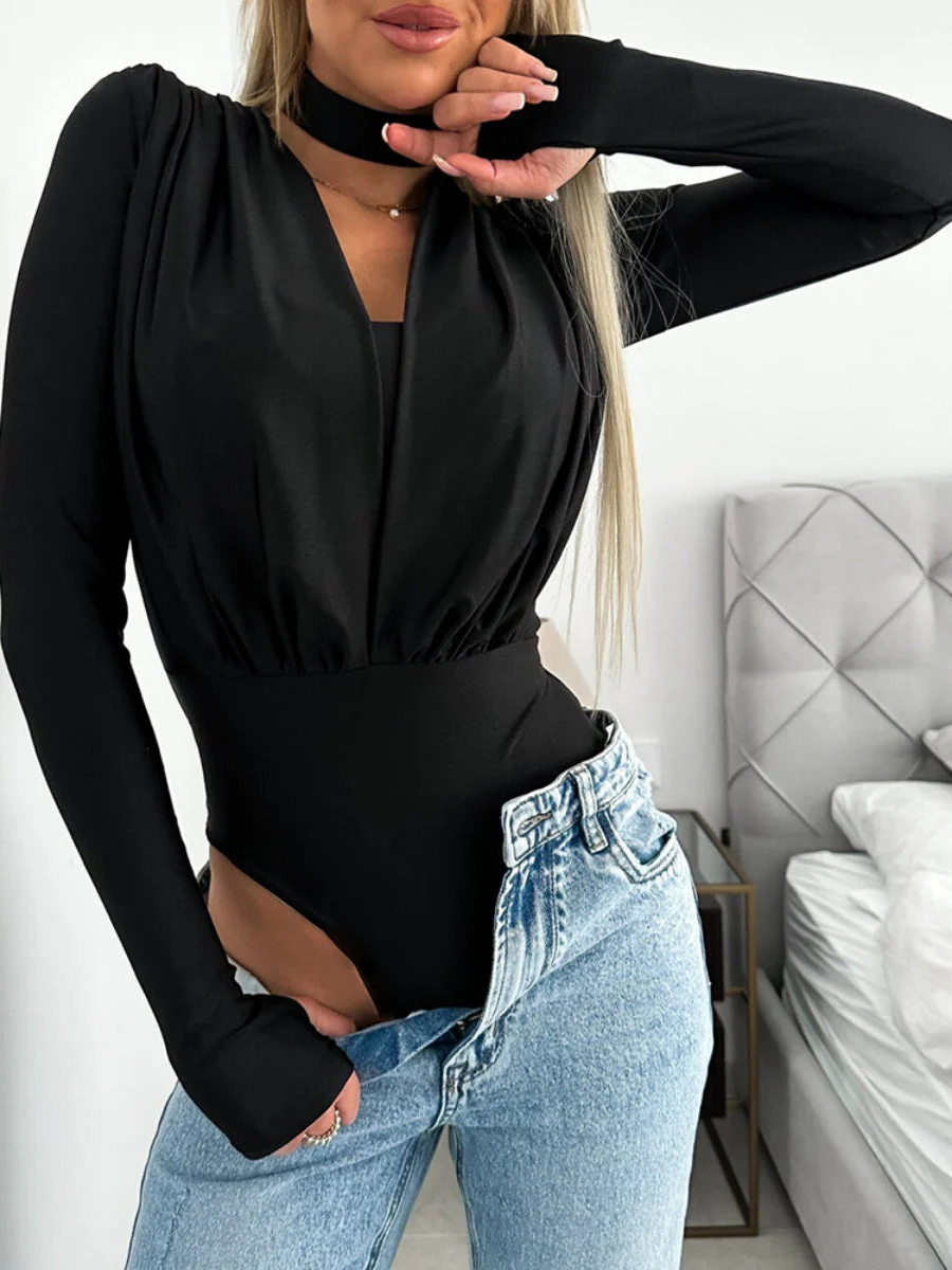 V-neck Slim Fit Pleated Decoration Base Layer Splicing Long-sleeved Bodysuit - Image 4