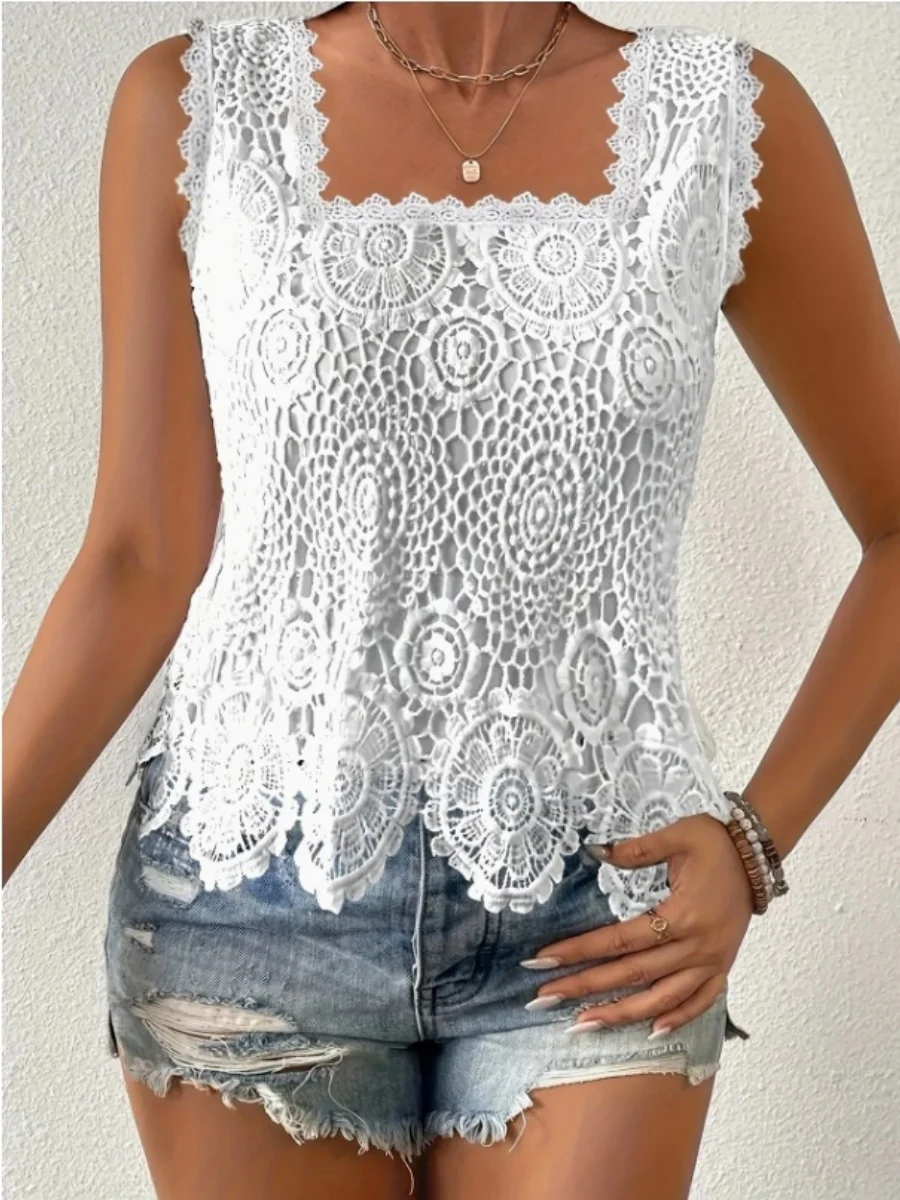 Square Neck Heavy-duty Crochet Openwork Flower Vest