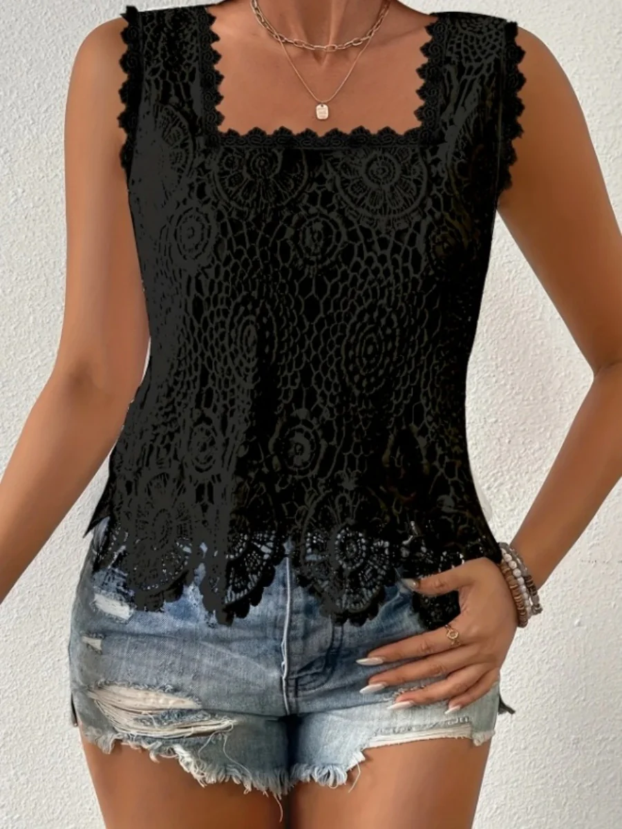 Square Neck Heavy-duty Crochet Openwork Flower Vest - Image 11