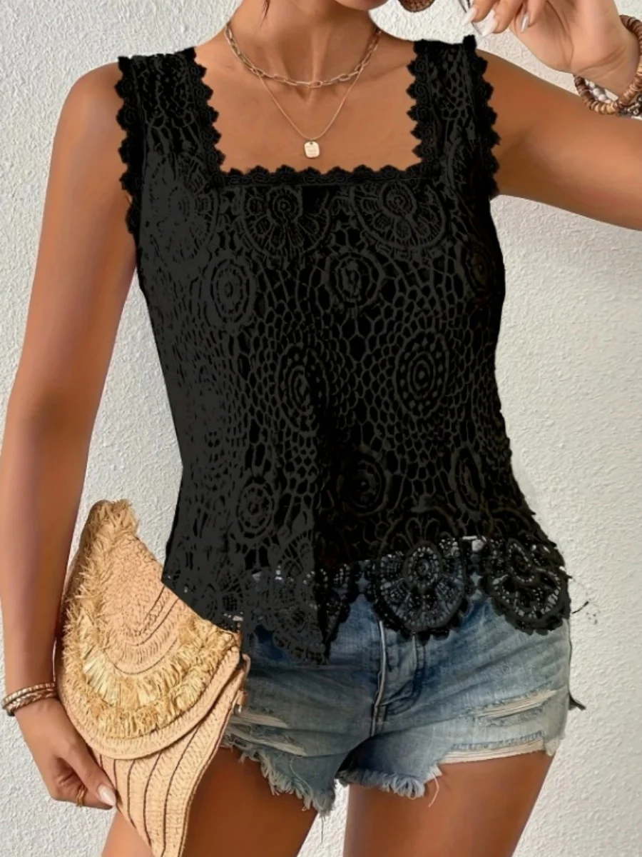 Square Neck Heavy-duty Crochet Openwork Flower Vest - Image 12
