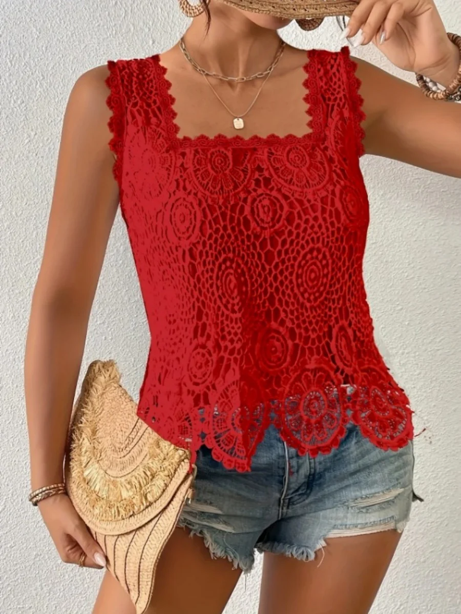Square Neck Heavy-duty Crochet Openwork Flower Vest - Image 8