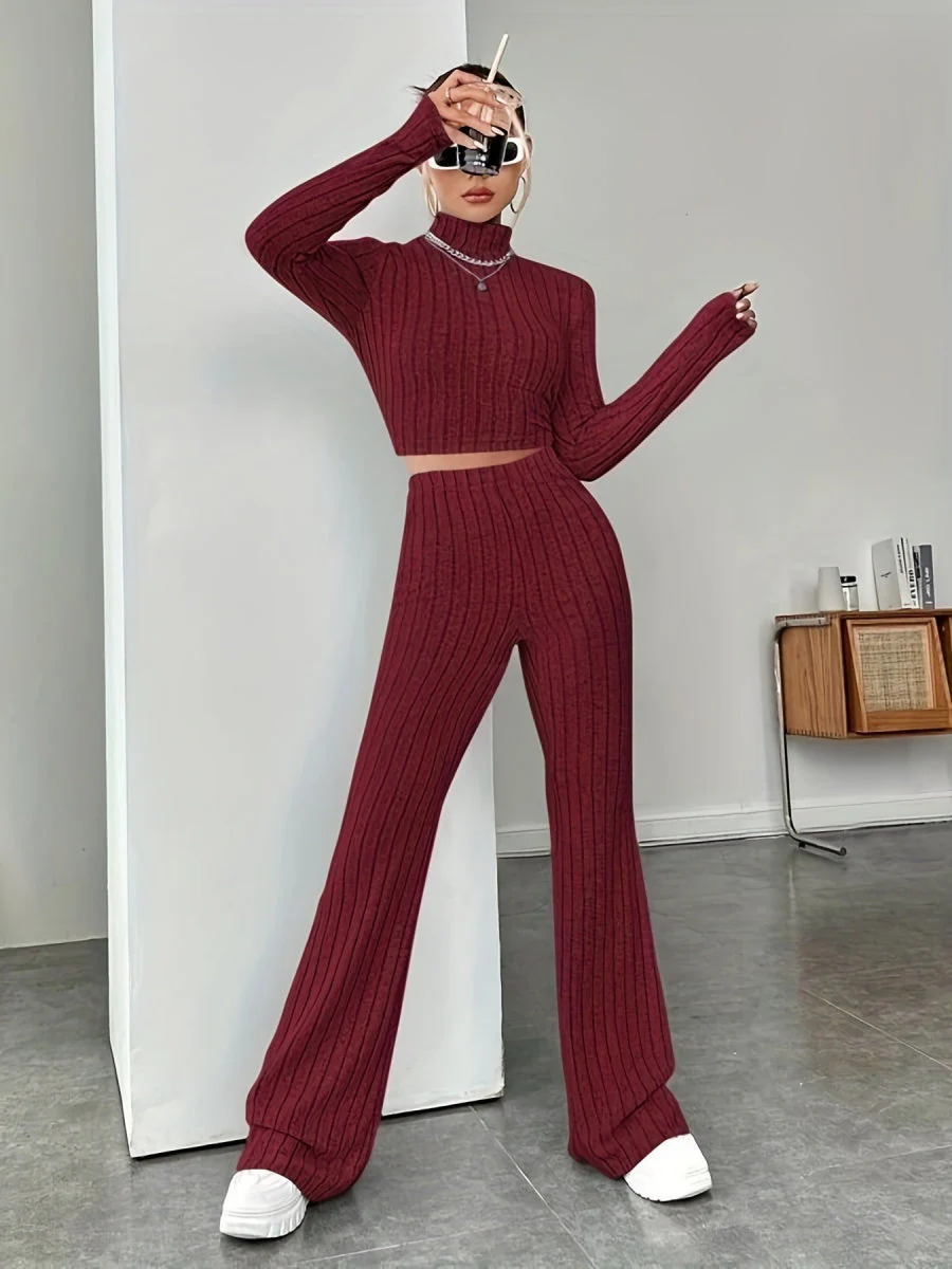 Mock Neck Slim Fit Knitted Two-Piece Set - Image 11