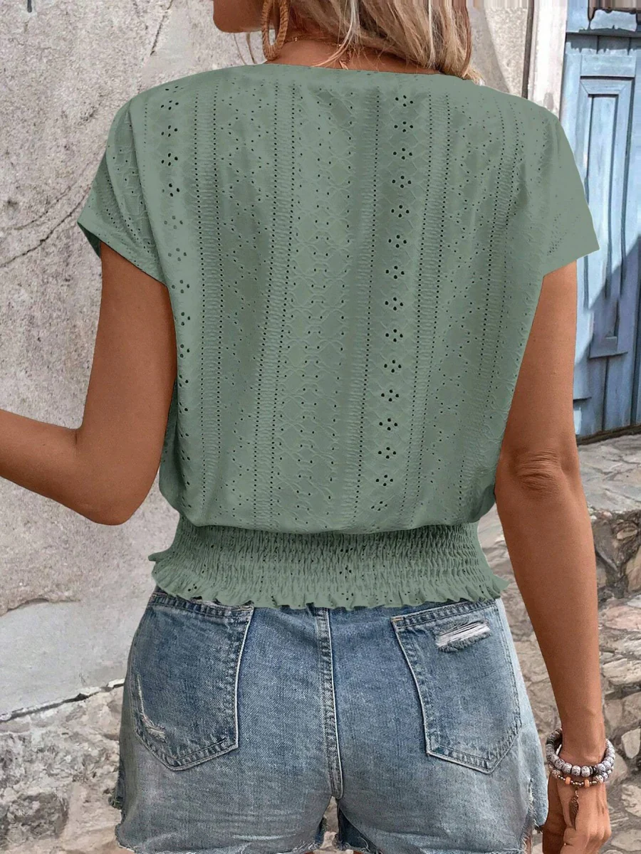Round Neck Jacquard Hollowed-out Ruffled Short-sleeved T-shirt - Image 9