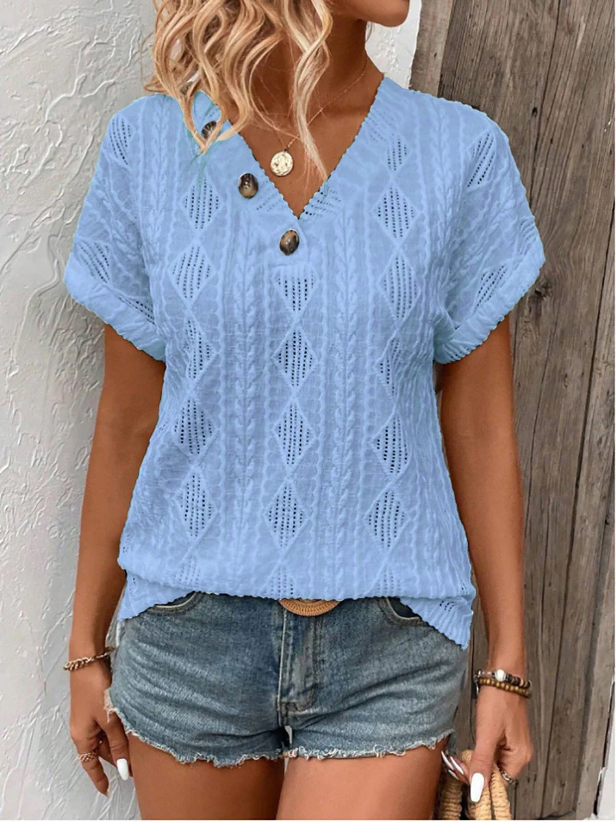 V-neck Button-down Loose Short-sleeved T-shirt - Image 11