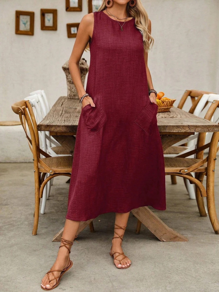 Pullover Crew Neck Sleeveless Pocket Solid Color Midi Dresses - Image 15