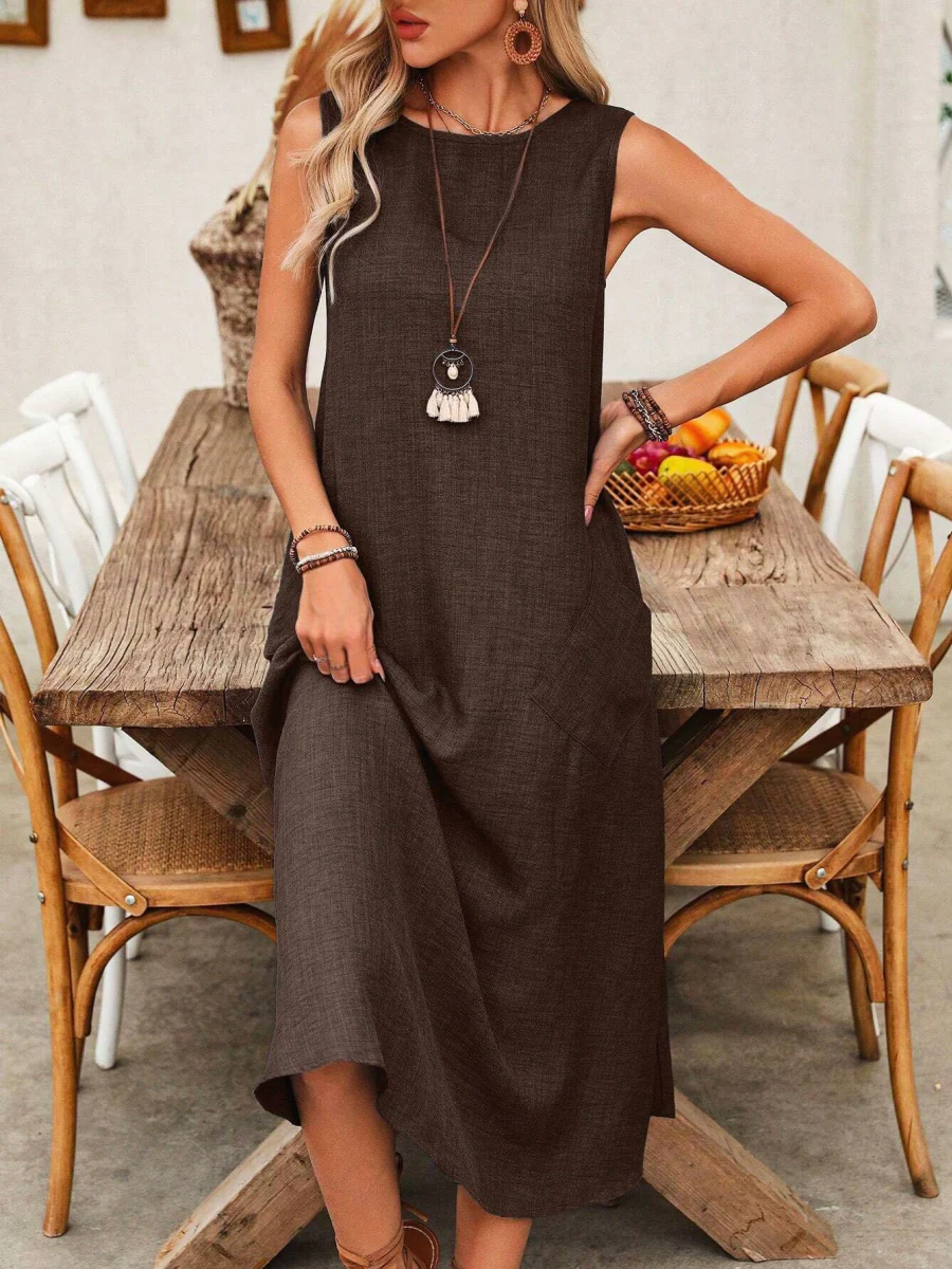 Pullover Crew Neck Sleeveless Pocket Solid Color Midi Dresses - Image 19