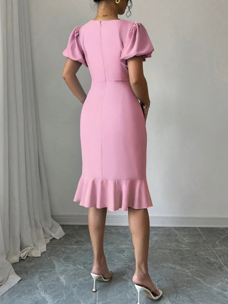 Round Neck Lantern Sleeve Ruffled Fishtail Midi Dress - Image 10