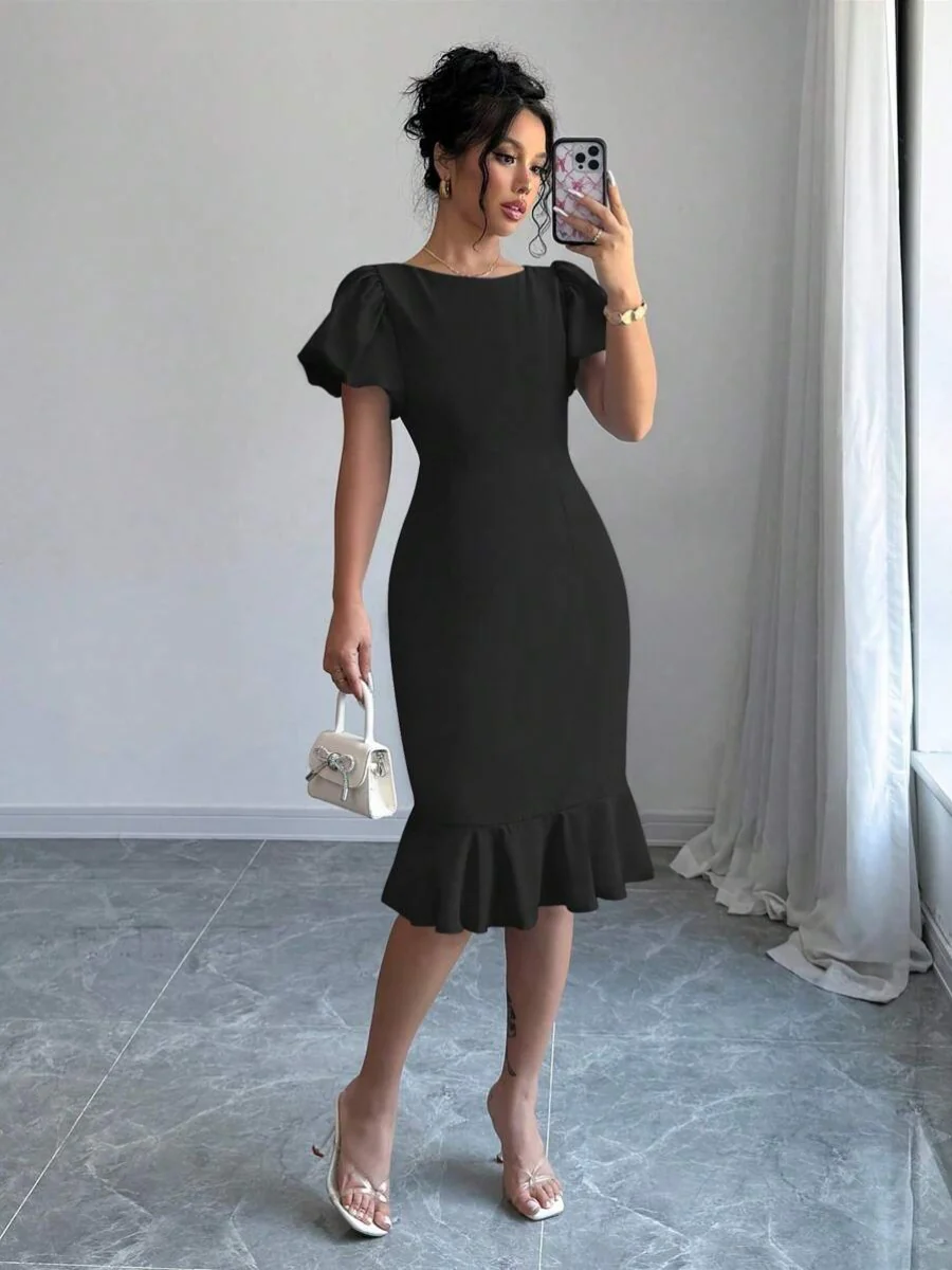 Round Neck Lantern Sleeve Ruffled Fishtail Midi Dress - Image 12