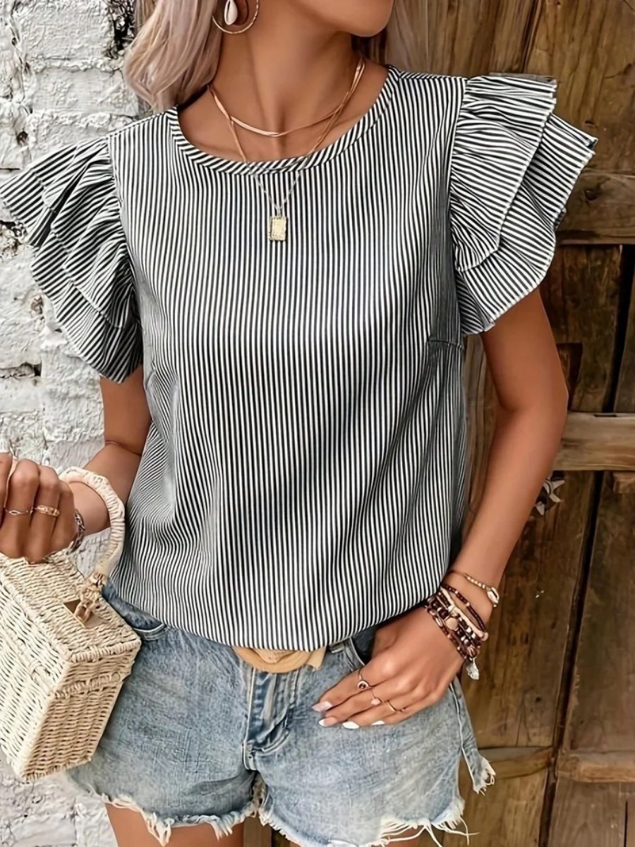 Round Neck Striped T-shirt With Ruffled Sleeves - Image 13