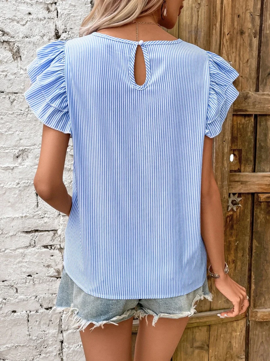 Round Neck Striped T-shirt With Ruffled Sleeves - Image 2