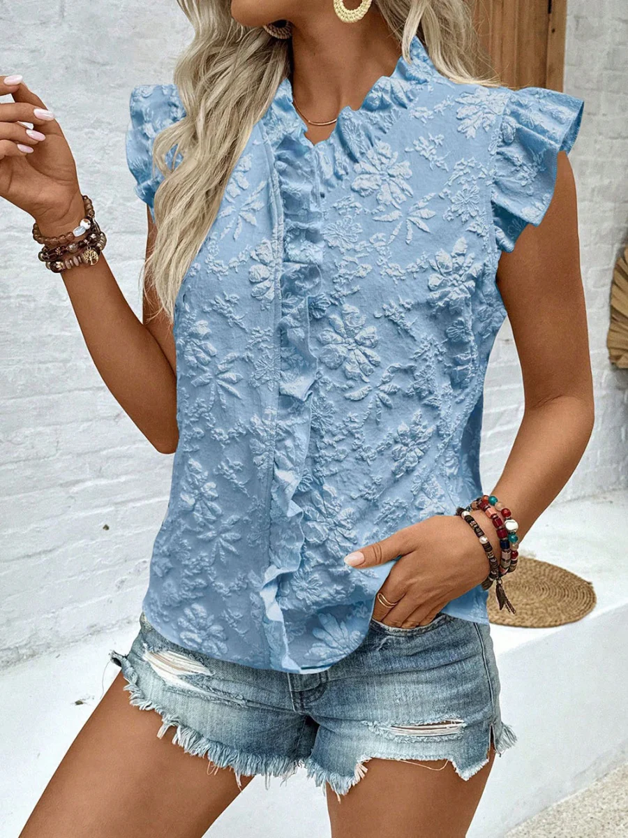 Pullover Jacquard Short-sleeved T-shirt With Ruffles - Image 8