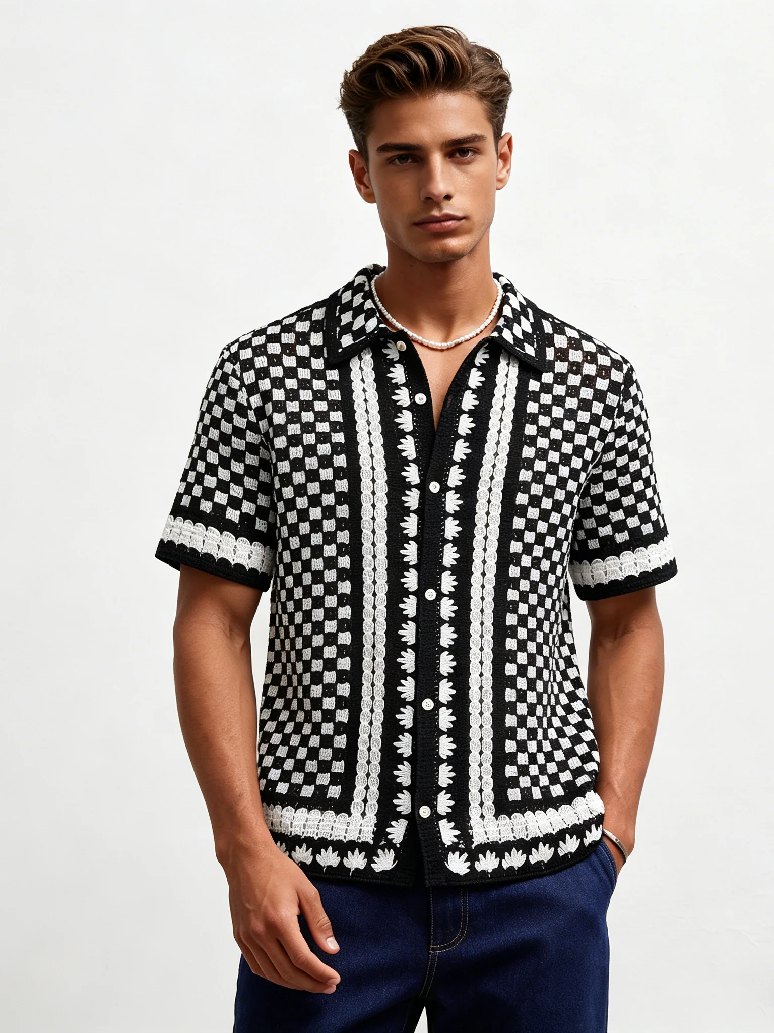 Crochet Knitting Black And White Plaid Hollow POLO Shirt