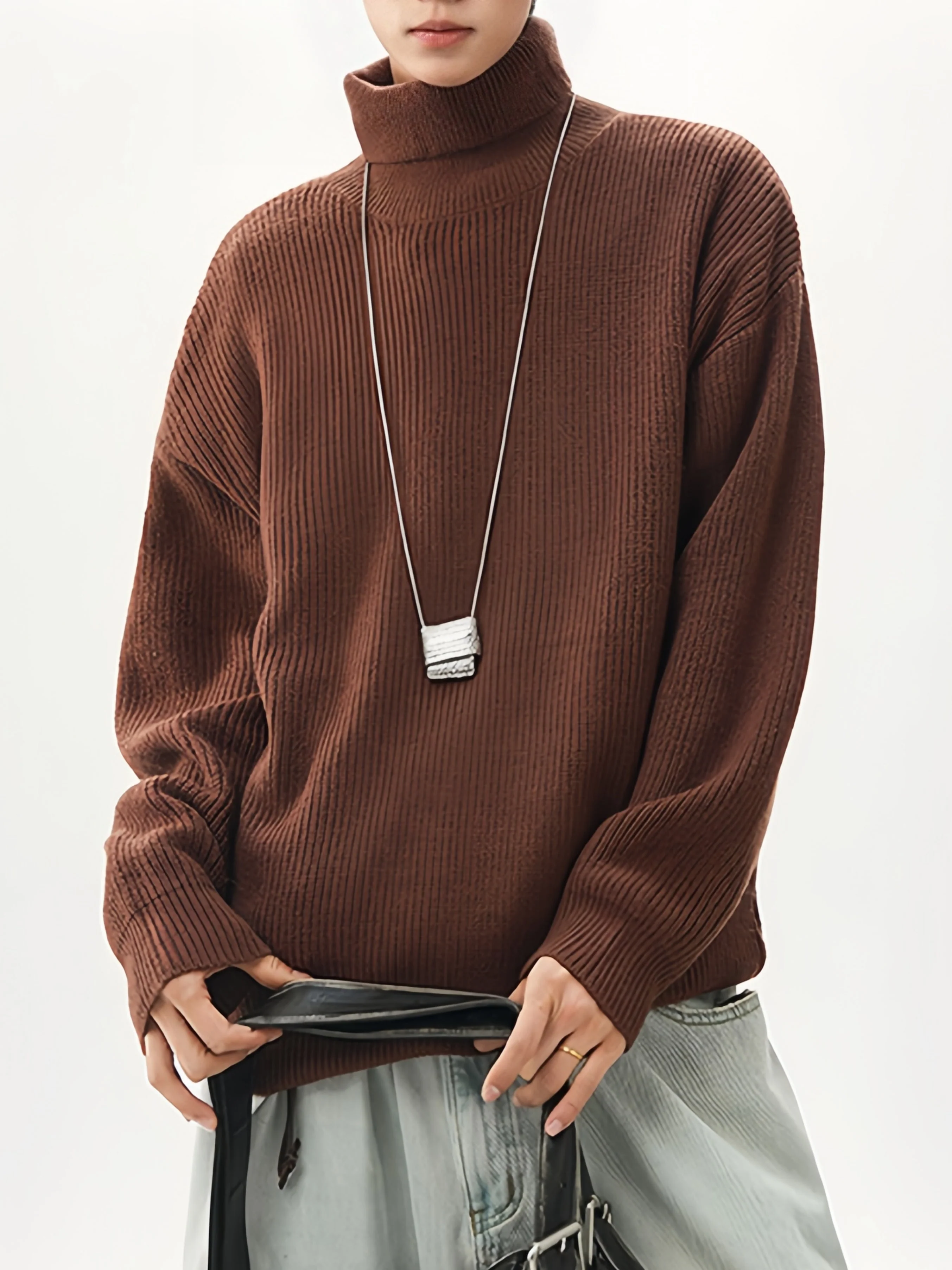 Simplicity Solid Color Loose Long Sleeve Turtleneck Sweater - Image 5