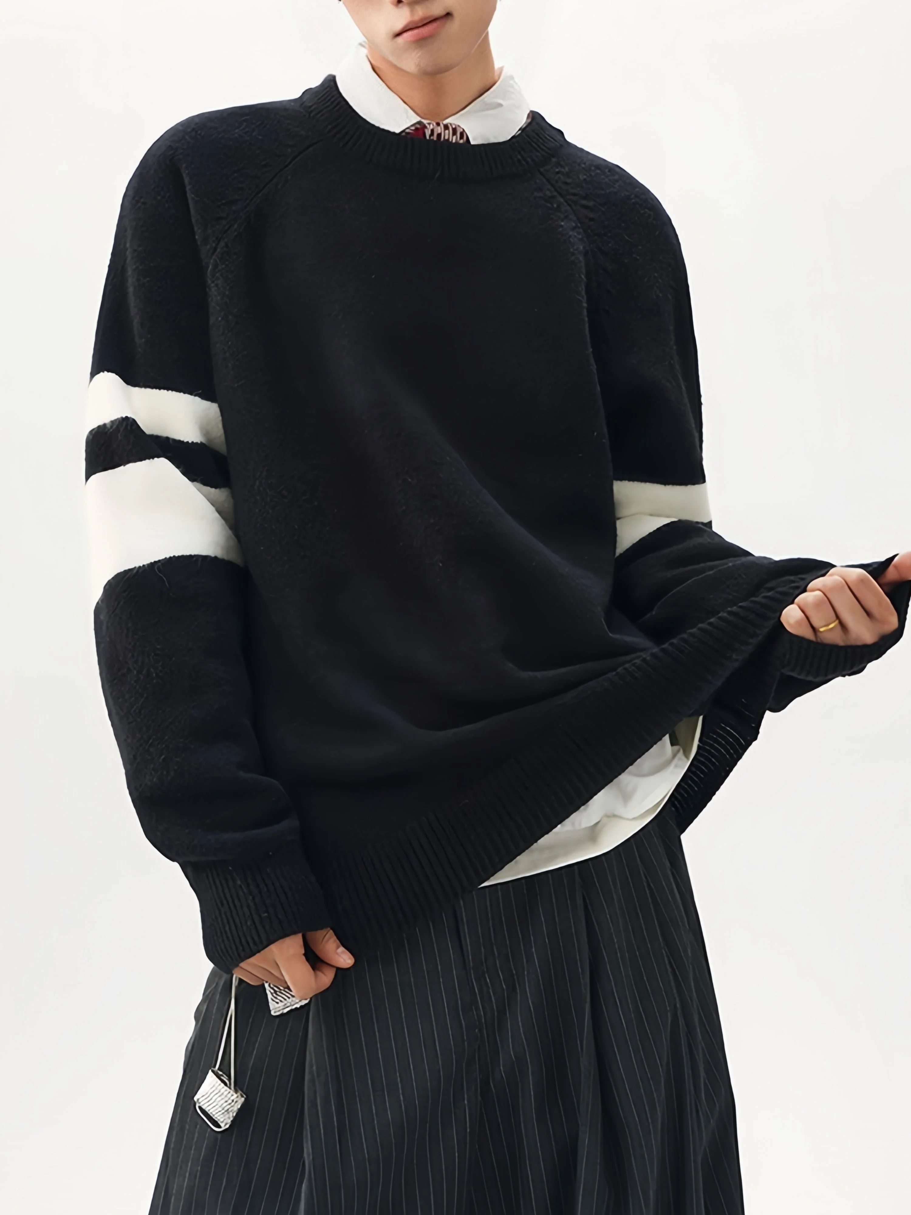 Striped Texture Contrasting Colors Loose Leisure Pullover Sweater - Image 2