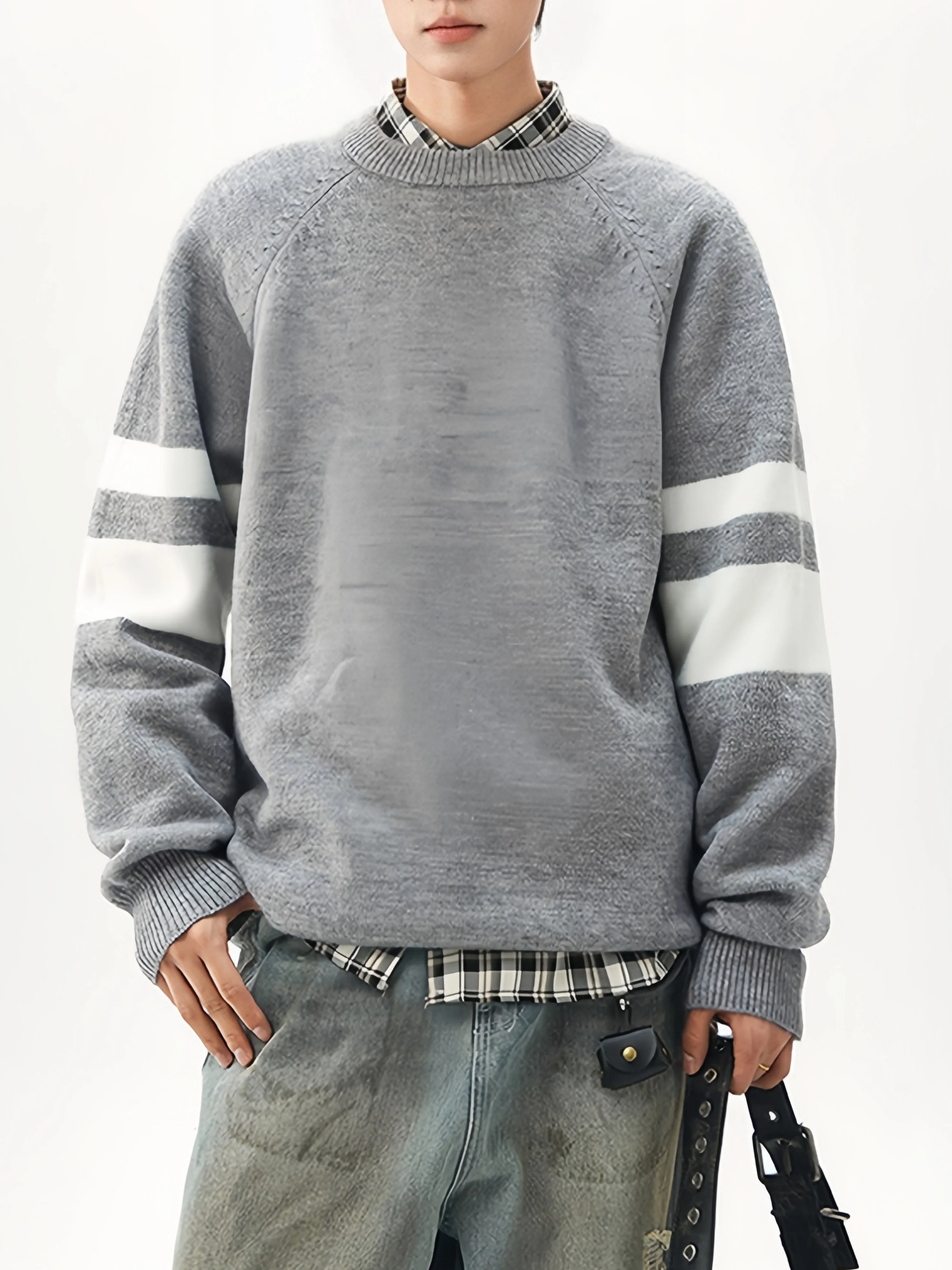 Striped Texture Contrasting Colors Loose Leisure Pullover Sweater - Image 6